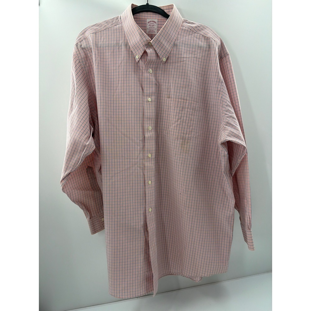 Brooks Brothers Madison Non-Iron Supima Cotton Shirt 18-34 Orange Blue Check